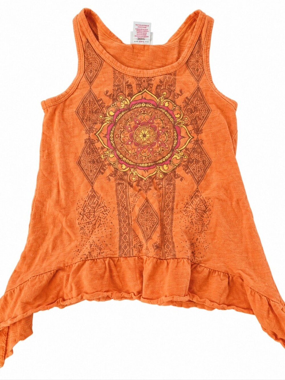 Orange Printed Sleeveless Tank Top with Mandala Detail